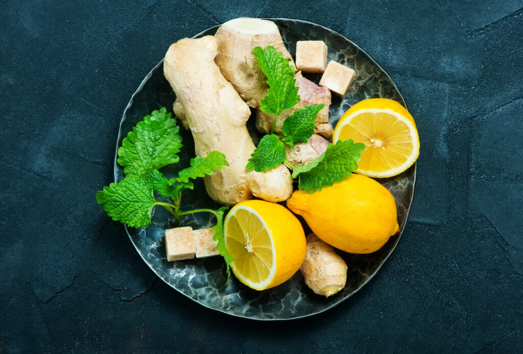 Liver Cleanse of ginger with lemon and mint on a table